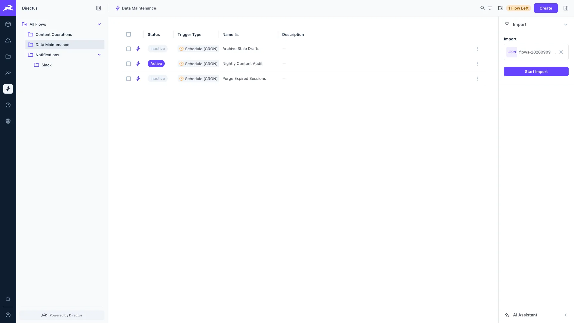 The Import panel in the Flows page sidebar