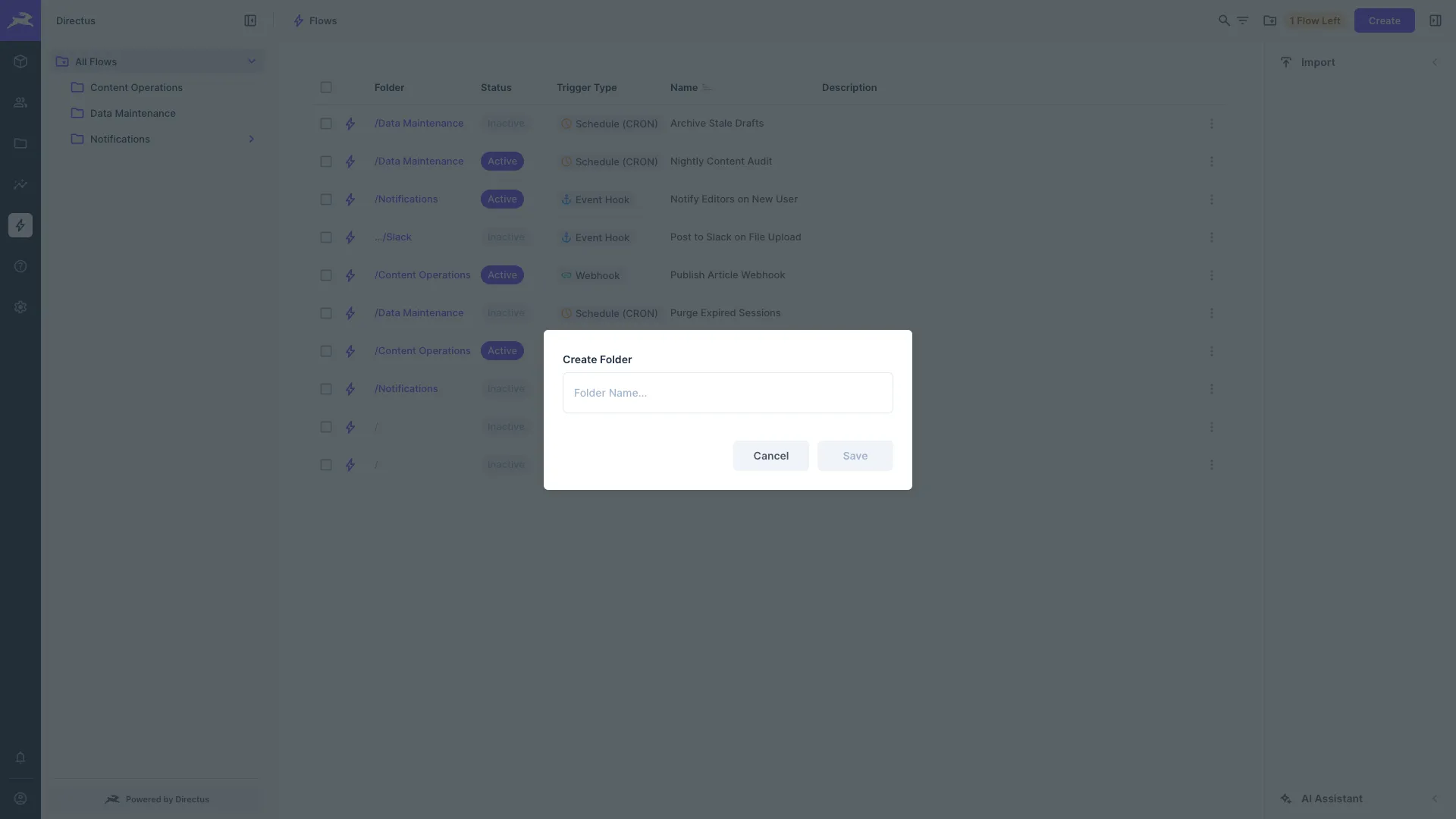 The Create Folder dialog on the Flows page